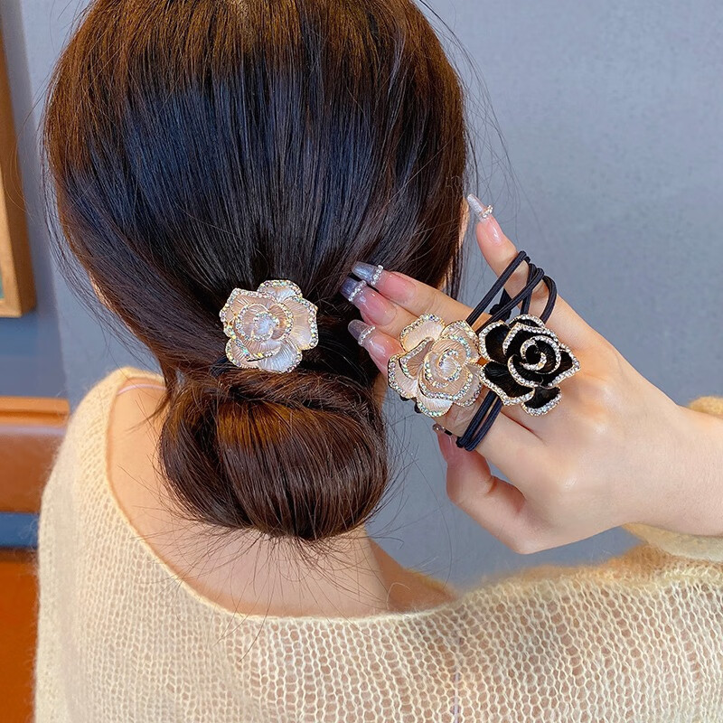 韩国气质玫瑰花朵皮筋扣发圈高弹力扎头发绳皮筋盘发饰 黑色