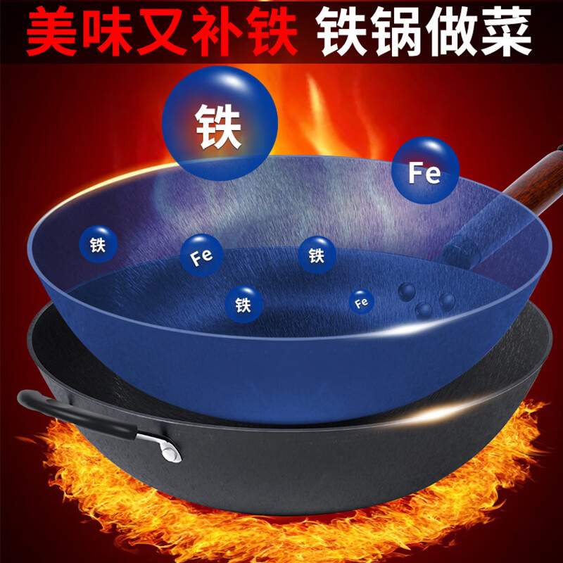 辰居家用老式炒菜锅燃气灶电磁炉专用铸铁炒锅无涂层不粘锅平底生铁锅 老式铸铁锅【36带盖】送钢铲 36cm