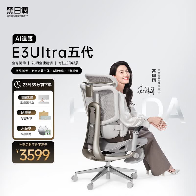 黑白调E3 Ultra五代AI追腰 人体工学椅 电脑椅子办公椅人工力学座椅 E3Ultra 五代 AI追腰 白月光