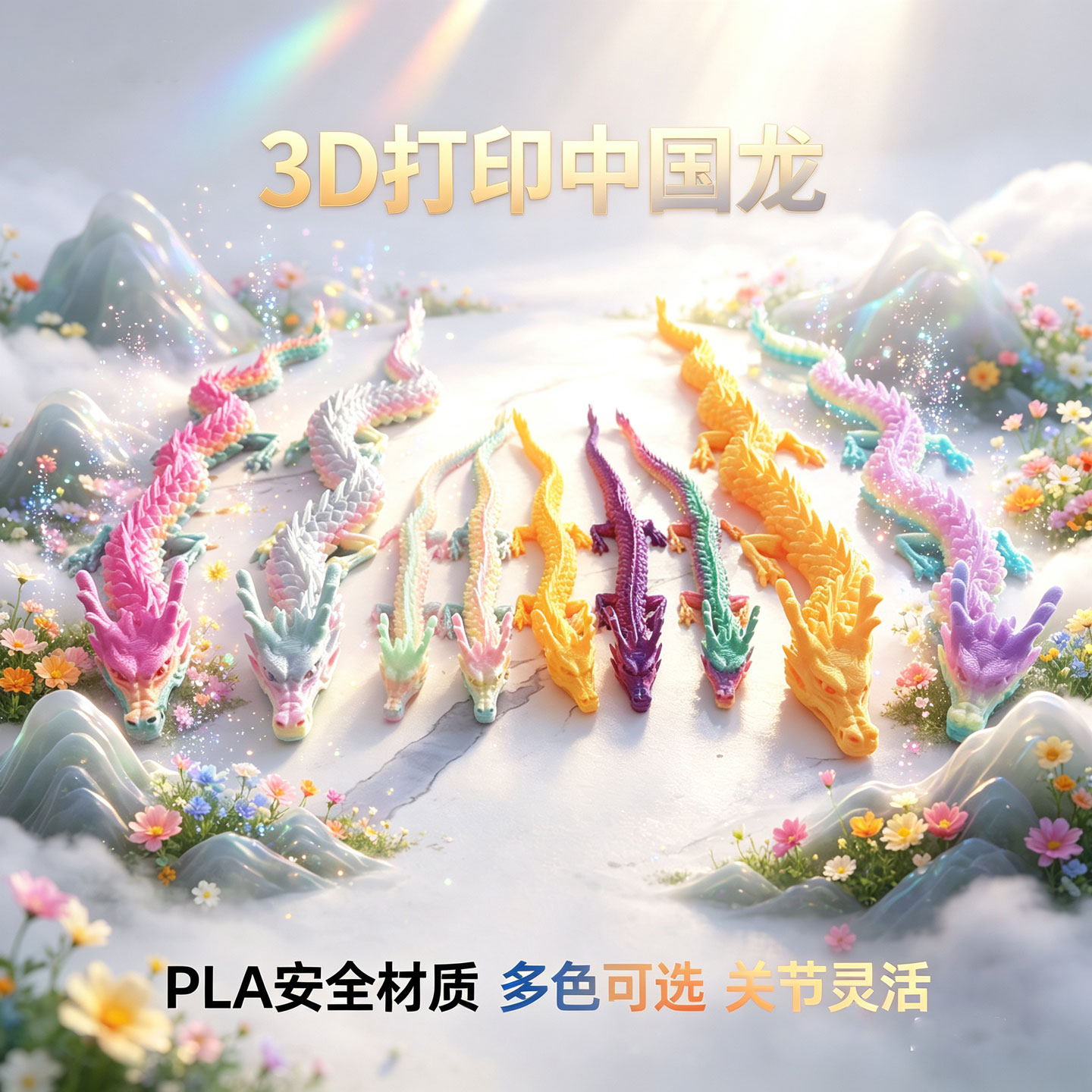 3D打印玩具中国龙礼物30厘米龙多色中华龙周边摆件玩具儿童手办 红蓝中国龙30厘米