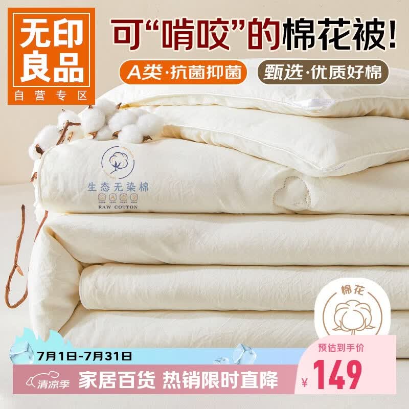 无印良品A类100%新疆棉花被子 四季棉被芯春秋被空调被200*230cm 4斤