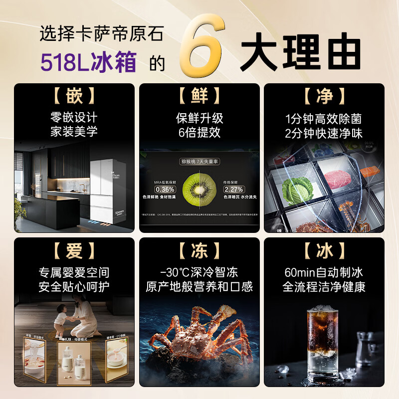 卡萨帝(Casarte)原石518L小机皇多门冰箱超薄嵌入低氧窖藏自动制冰双系统 517同款 BCD-518WGCFDMGWUU1国家补贴