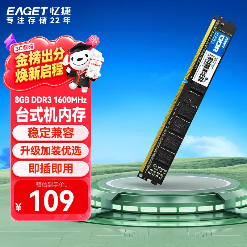 忆捷（EAGET）DDR3 8GB 频率1600 1.5V 电脑台式机内存条 普条 第三代电脑内存 办公学习适用 P10