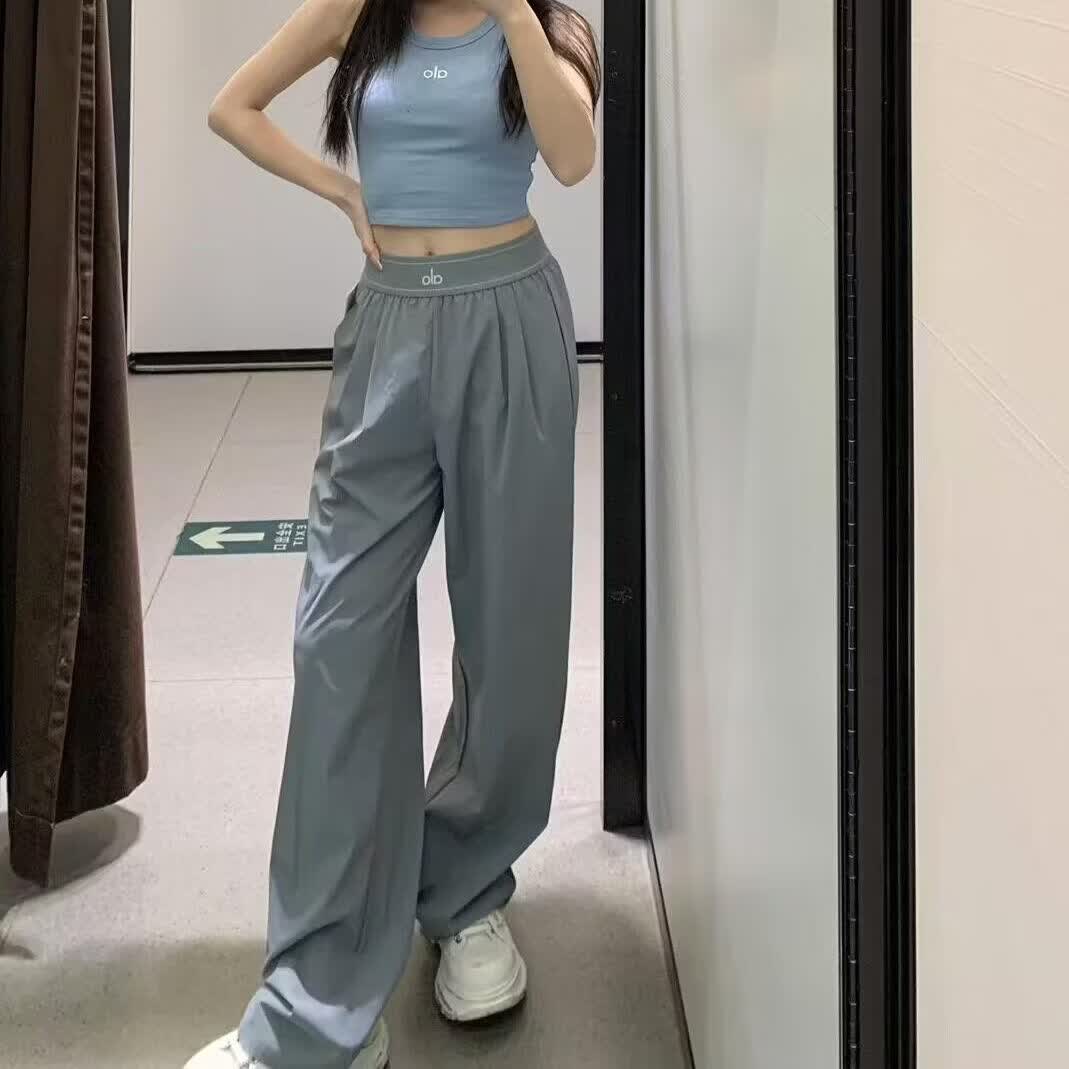 ALO YOGA美版原标爆款阔退裤女宽松瑜伽裤运动长裤薄荷设计提升舒适感 浅石灰 XL 建议125-14斤