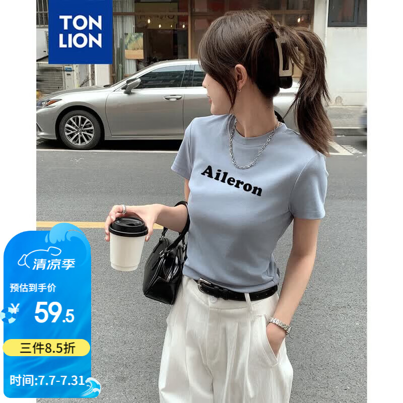 唐狮（TonLion）2025夏女圆领前胸字母短款短袖T恤休闲百搭
