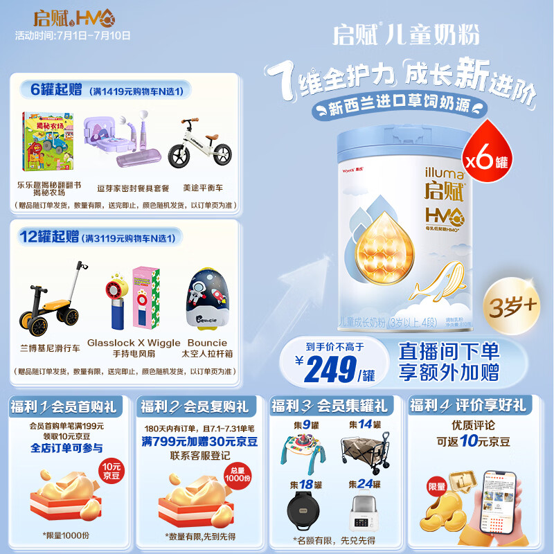 惠氏（Wyeth）【全新7维进阶】启赋蓝钻4段 HMO儿童成长奶粉810g*6罐