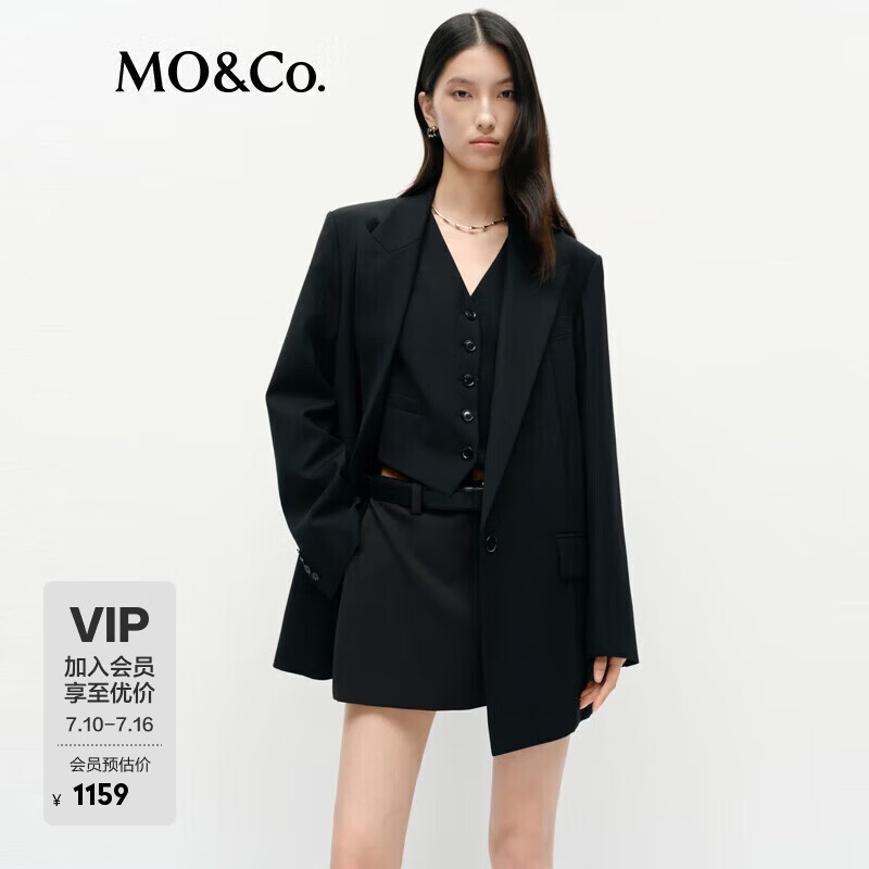 MO&amp;Co.西装弹力绵羊毛时装垫肩低腰线boxyfit廓形权力外套摩安珂