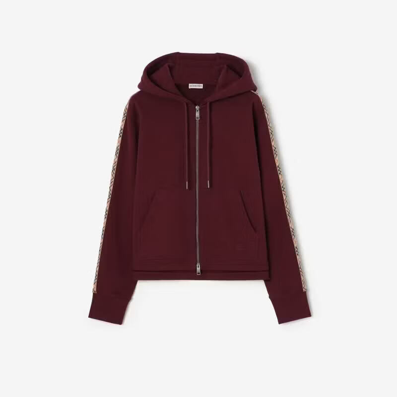 博柏利（BURBERRY）男士葡萄红棉质格纹拉链连帽衫81301351 3XS