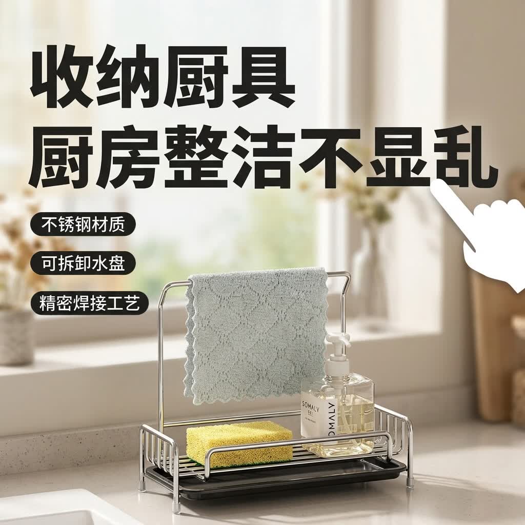 护家厨房抹布收纳架海绵沥水架台面置物架子水槽边洗碗百洁布收纳神器 【实心不锈钢】沥水架+抹布杆