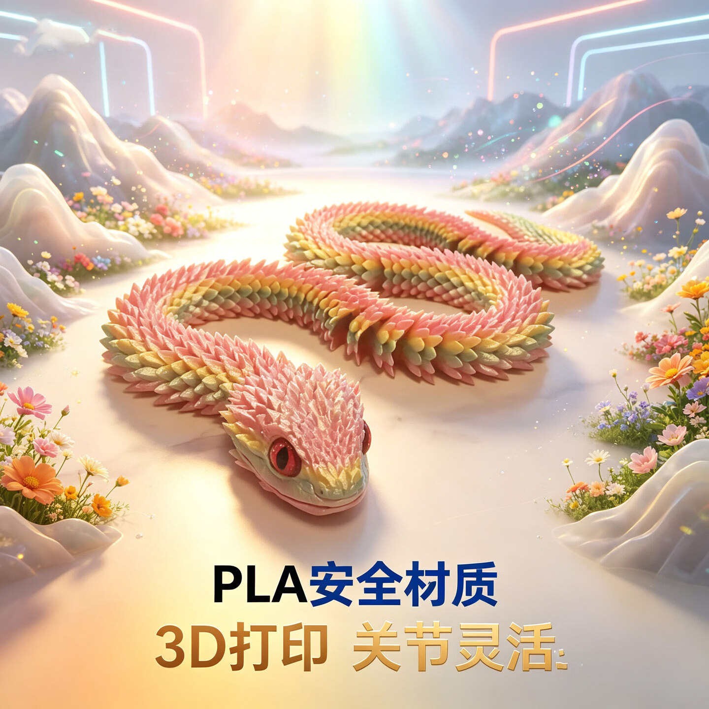 3d打印玩具蛇周边多关节可动夜光水晶蛇蝰蛇2025新款仿真动物模型 1.2米蝰蛇-冰淇淋色系(送仿真眼