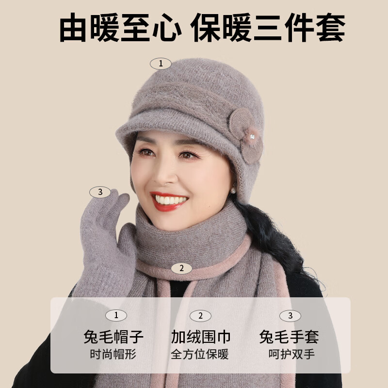 恒源祥毛线帽子女士秋冬季保暖防风抗寒冷帽中老年显年轻送礼兔毛针织帽 酒红色 加绒兔毛款【帽子】