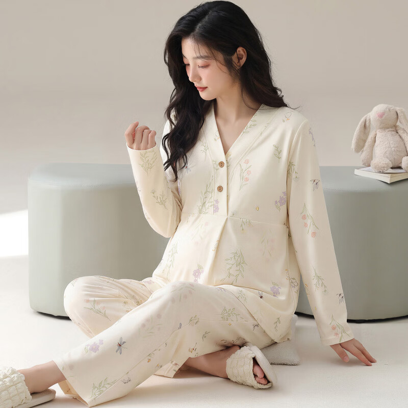 ROVO纯棉月子服孕妇产后喂奶哺乳睡衣带胸垫吸汗产妇家居服套装 粉色花卉【纯棉 自带胸垫】 L