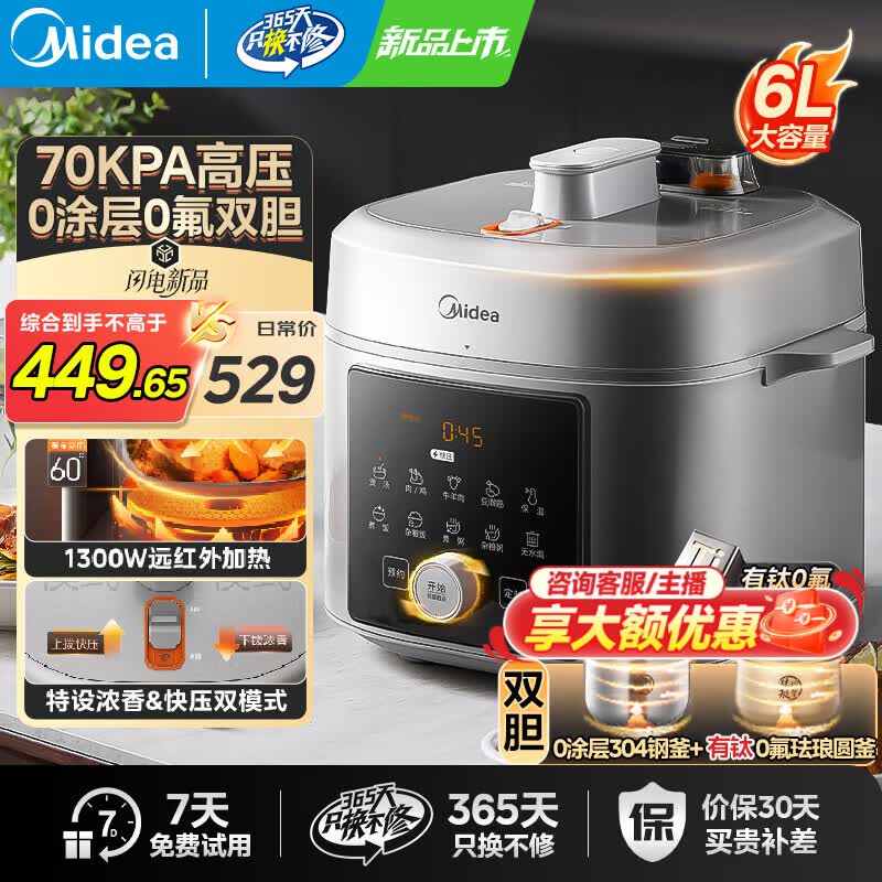 美的电压力锅电高压锅电饭煲电饭锅高压锅炖肉专用家用5-6-8人6升多功能一体多用煮饭炖汤0涂层0氟双胆 【一锅双胆】 6L