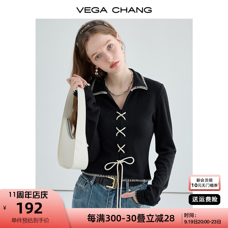 VEGA CHANG黑色针织衫女2024年秋季新款设计感polo领绑带长袖上衣 云边黑 M