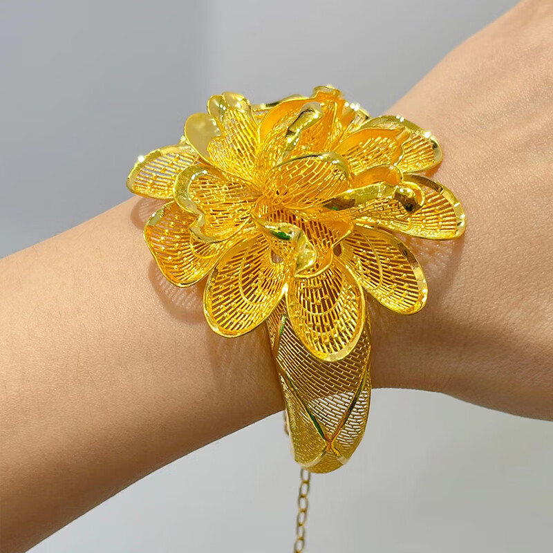 小腰金黃金牡丹花手鐲精致花絲宮廷古風(fēng)999足金鐲子鏈女大夸張個(gè)性時(shí)尚 牡丹花黃金花絲手鐲約43克