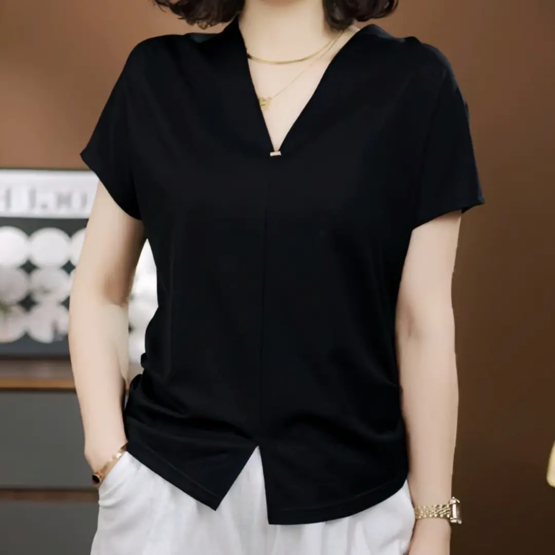 2026夏季新款气质百搭掐褶收腰显瘦V领短袖T恤女士通勤不规则上衣 黑色 2XL 120-130斤