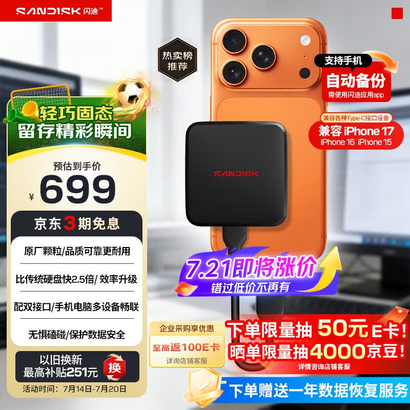 闪迪（SanDisk）ELE 1TB 移动固态硬盘（PSSD）新元素 type-c接口 小巧便携手机直连笔记本电脑两用外接 办公存储