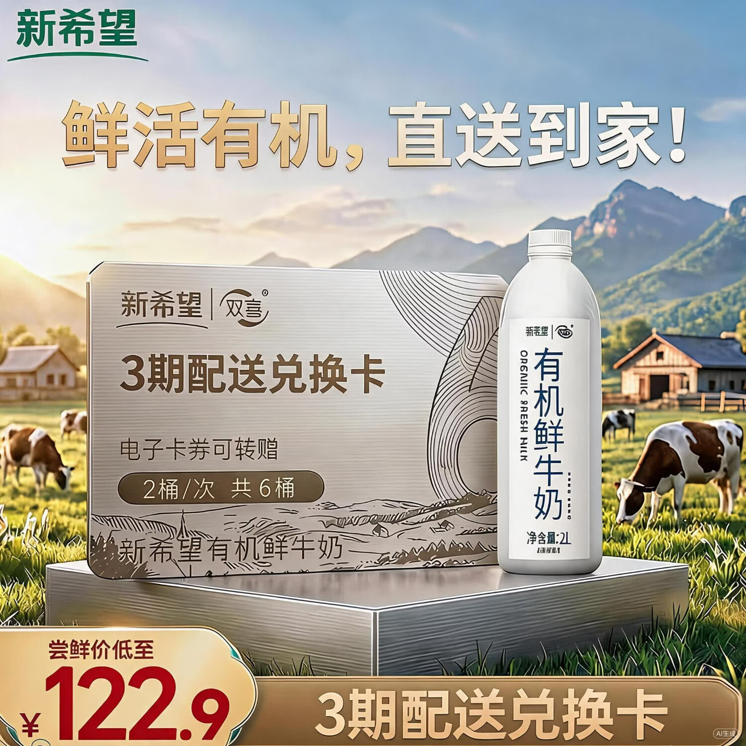 新希望有机鲜牛奶巴氏杀菌鲜奶2L*2/期 3期共6桶12L 兑换卡一件礼赠