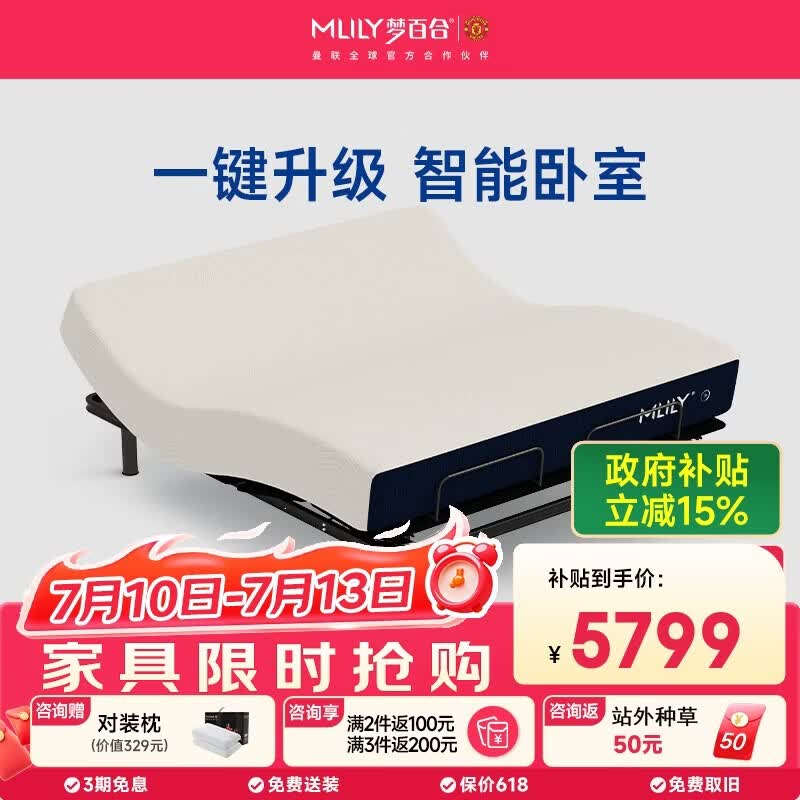 梦百合国民家居联名款智能床 可升降电动床无床头【M1+快充s】1.8米*2米