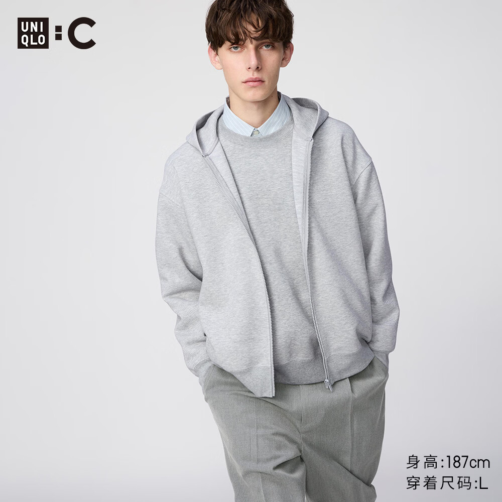 优衣库宽松连帽拉链运动开衫/长袖男装女装合作款/外套卫衣486300 485735/03灰色 L