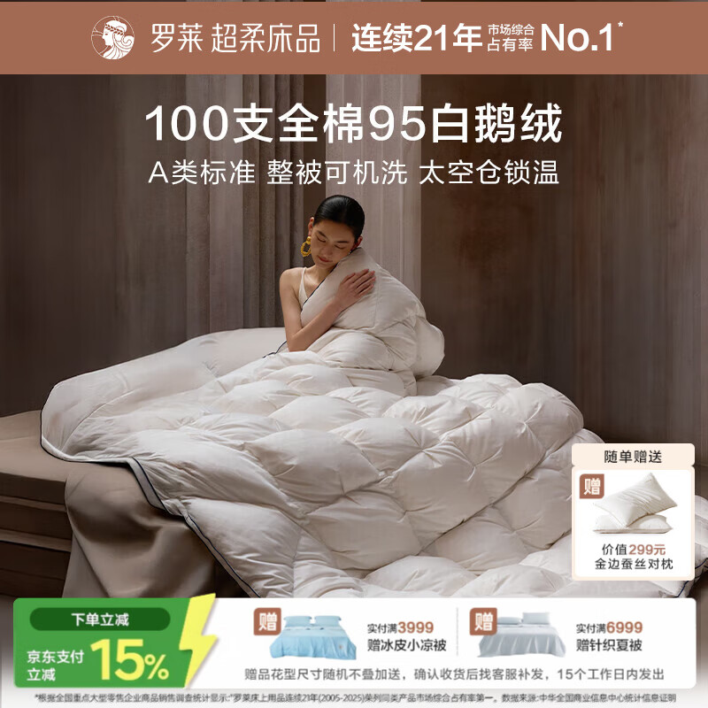 罗莱家纺 羽绒被子 A类95%水洗白鹅绒100支全棉立体防风工艺冬被芯