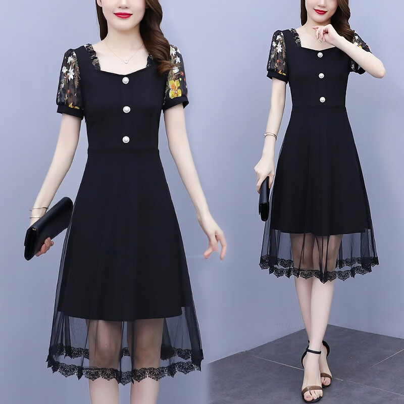 薇洛萱(weiluoxuan)2024夏季新款薄款网纱雪纺碎花连衣裙女装夏天裙子