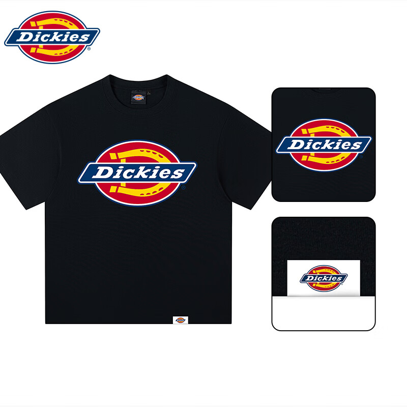 Dickies帝酷适T恤男短袖经典LOGO圆领印花宽松纯棉透气半袖上衣男女同款 黑色 【官方正品】 L 175-180cm/70-80kg