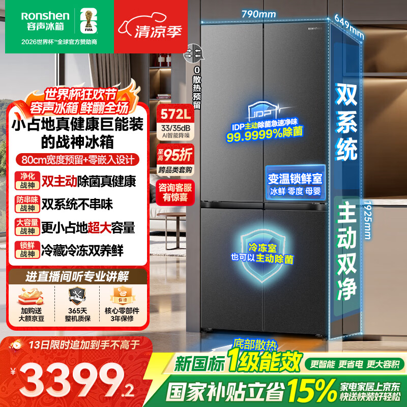 容声战神572L十字四开门冰箱大容量双净双系统超薄零嵌入式一级能效国家补贴BCD-572N40CQLAD灰