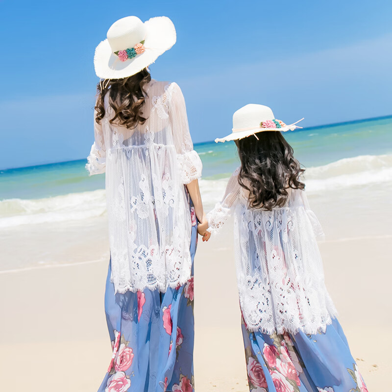 悦海悦贝海边度假亲子装母女装披肩搭配长款短款小外套云南丽江三亚旅游 白色长披肩 女宝9（身高95以下）