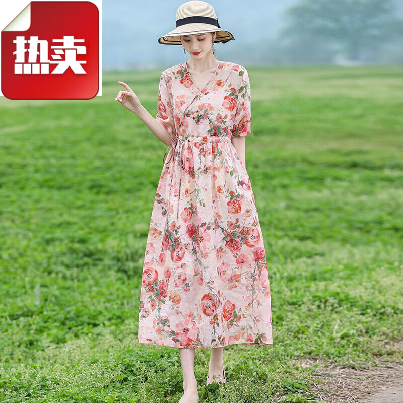 夏典素订女王(SE.PSTP)棉麻连衣裙夏季新款碎花复古大尺码女装宽松收腰显瘦大摆洋气长裙 花色 M 【建议95-118斤】