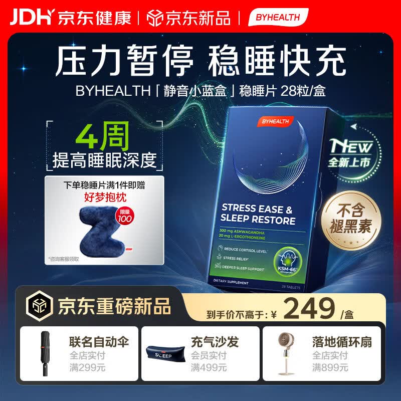 BYHEALTH松弛小蓝盒28片 非褪黑素南非醉茄麦角硫因降皮质醇改善睡眠