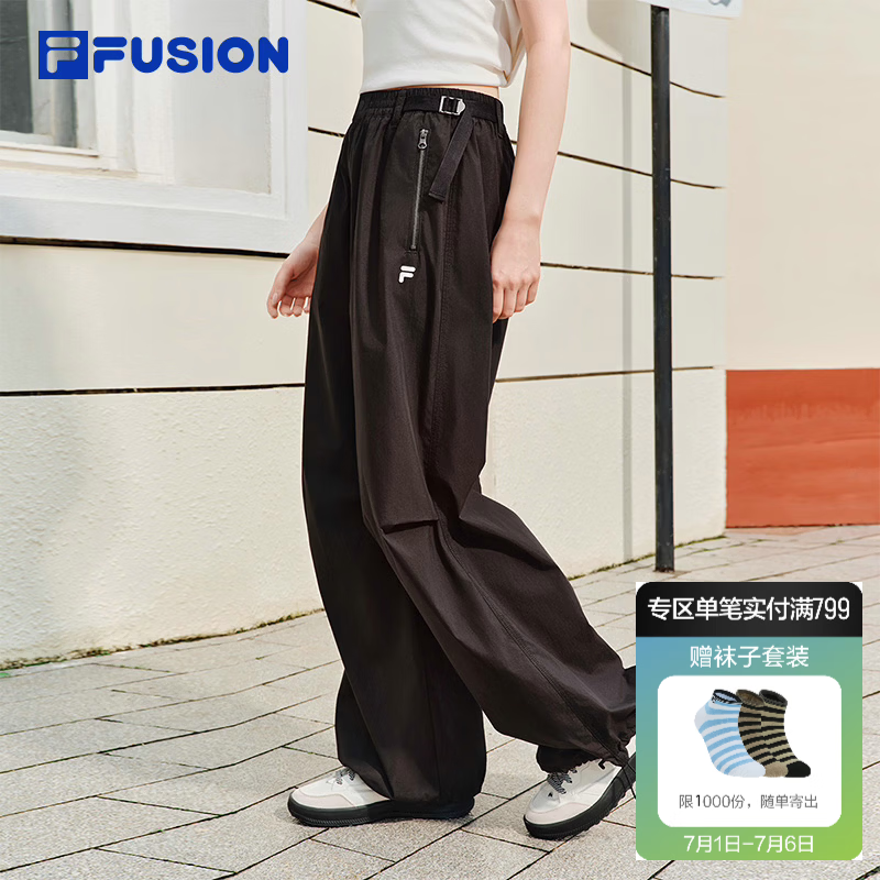 FILA FUSION斐乐潮牌梭织长裤女2026秋新款宽松裤子休闲裤阔腿裤 正黑色-BK S 160/62A/S