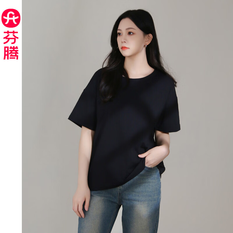 芬腾简约白色休闲基础款短袖T恤女款夏季慵懒风宽松百搭显瘦套头上衣 黑色 XL 建议：125-145斤