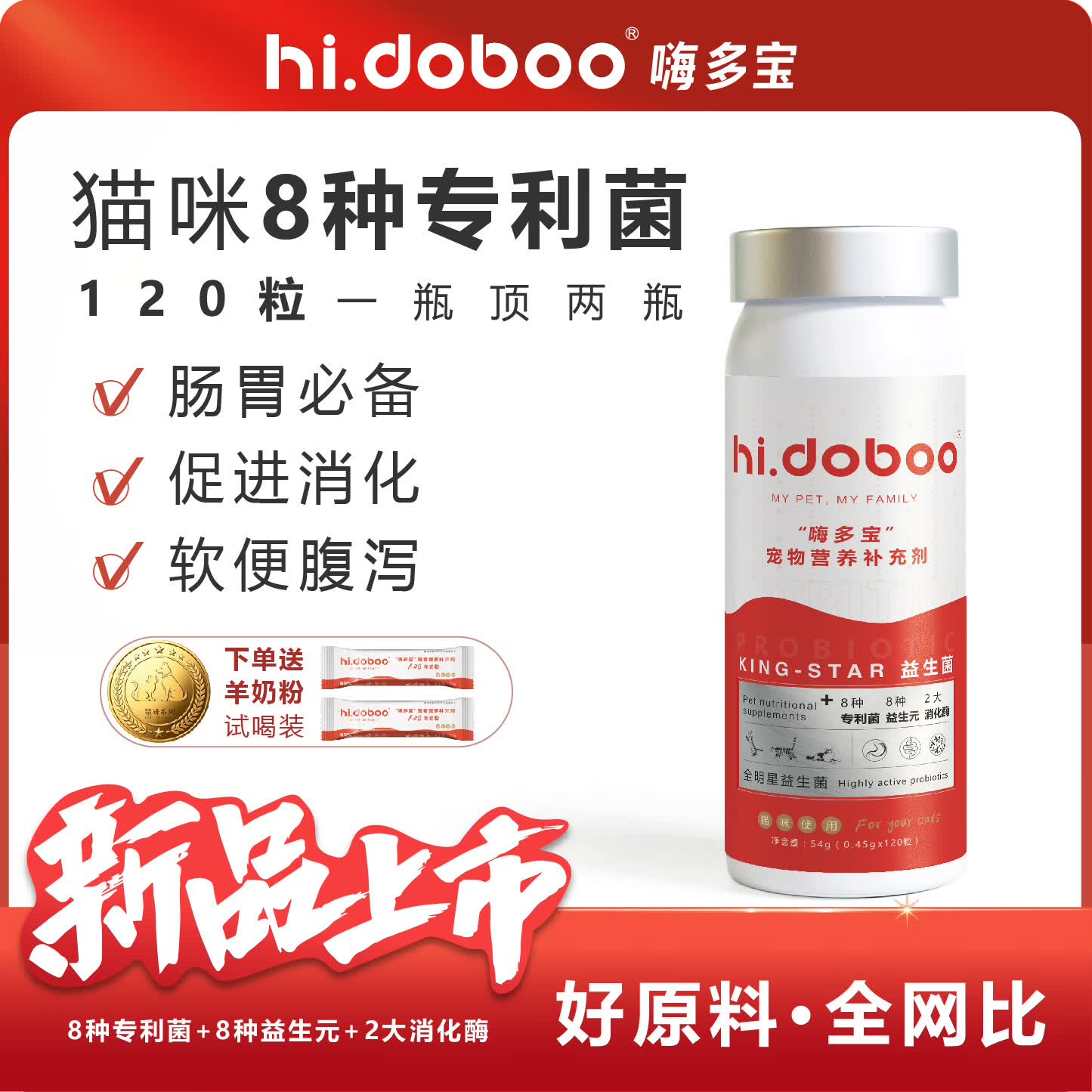 HI.DOBOO嗨多宝猫用宠物益生菌调理肠胃止泻止吐软便专用120粒复合益生菌 猫用 120粒*1罐 京东折扣/优惠券