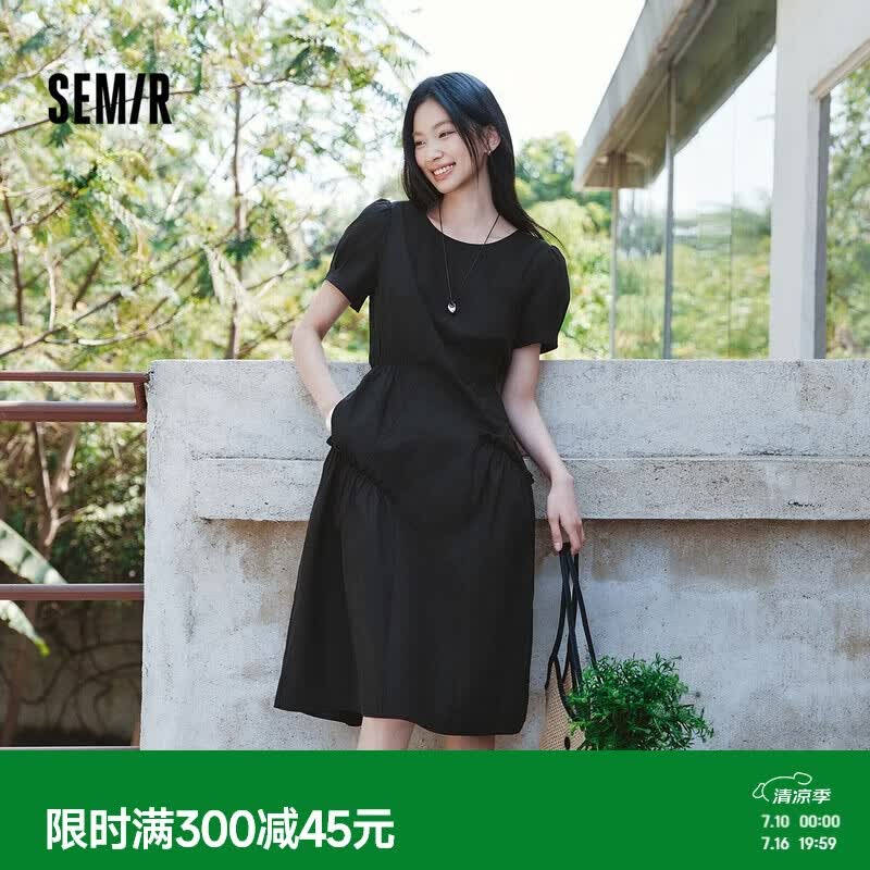 森马（Semir）连衣裙女夏不规则拼接木耳边泡泡袖收腰设计感中长裙101325114041