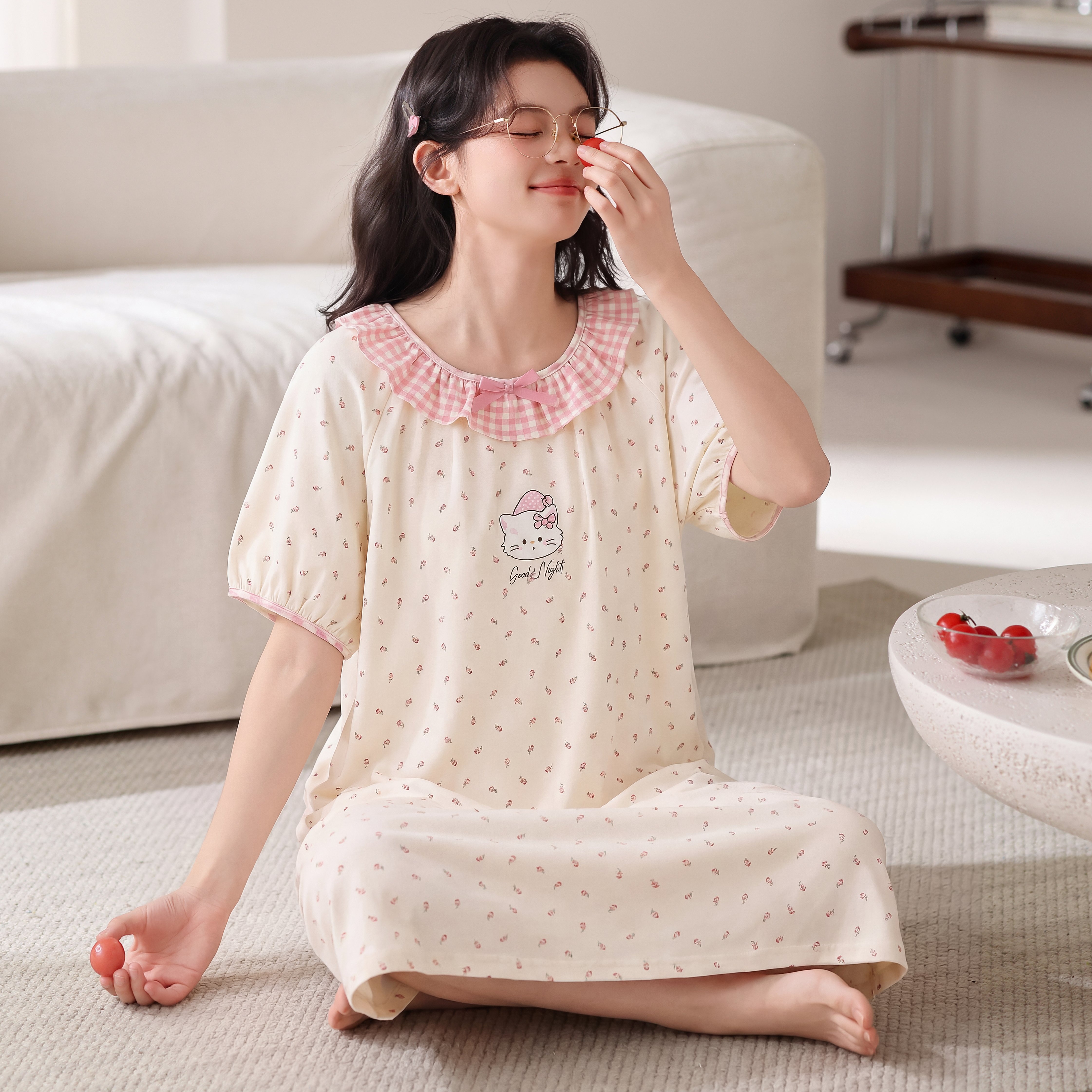 都市丽人女士睡衣圆领带花边夏季纯棉睡裙柔软无感透气深睡可外穿家居服 蝴蝶结花边小猫 M 建议【80-100斤】