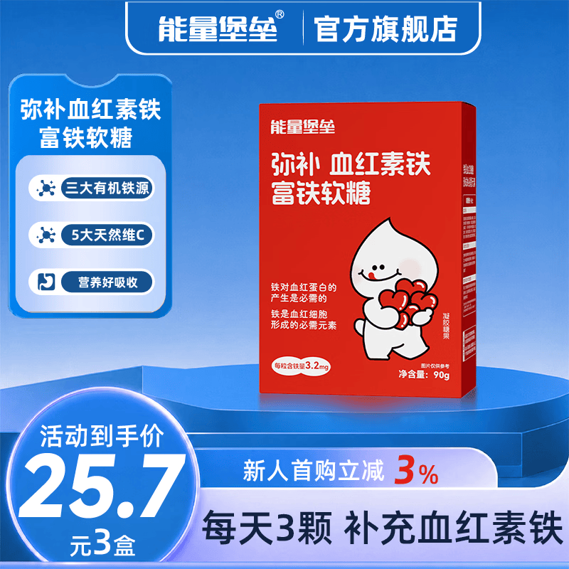 能量堡垒弥补血红素铁富铁软糖 维生素c女性儿童补铁哺乳姨妈期孕妇红枣味 红枣味富铁软糖 90g*3盒 【三盒周期装】效期10月23