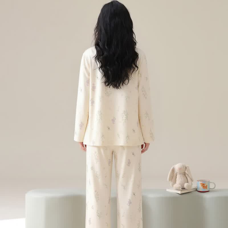 ROVO纯棉月子服孕妇产后喂奶哺乳睡衣带胸垫吸汗产妇家居服套装 粉色小兔【纯棉 自带胸垫】 XXL