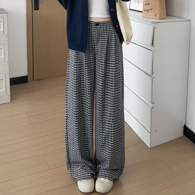 浪莎复古格子裤女秋季宽松慵懒风直筒休闲裤小个子垂感显瘦阔腿裤 杏灰格子 【复古格子单品】 L 【建议111-125斤】