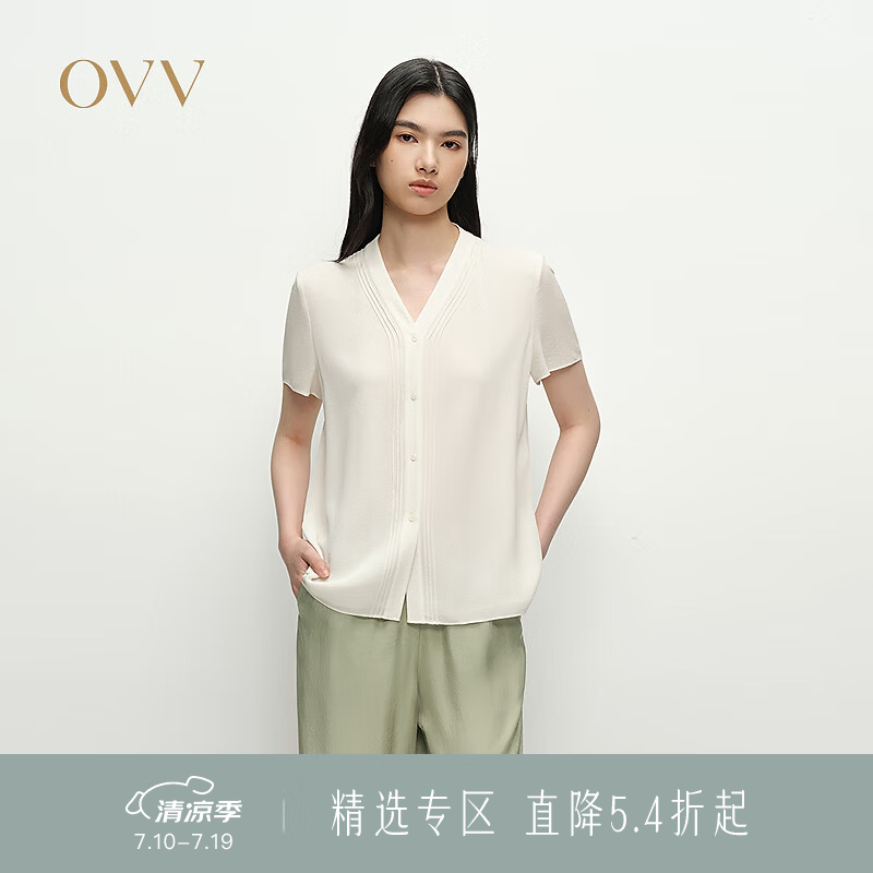 OVV【重磅真丝】2025春夏新款女装22MM鬼绉V领短袖衬衫 象牙白 L
