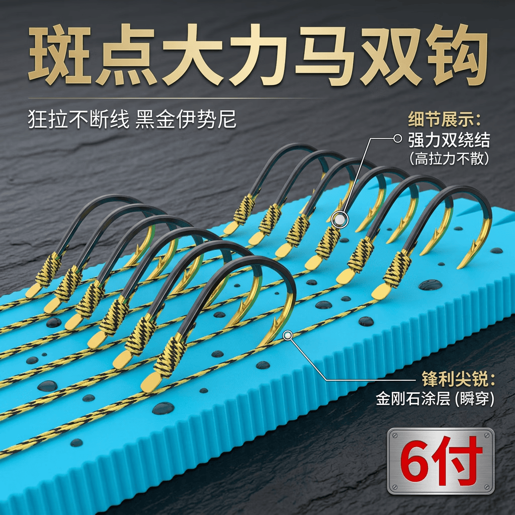 PE大力马大物子线双钩巨物精绑超硬伊势尼手工成品鱼钩专攻鲫鲤草 12付装 子线4.0+12号钩