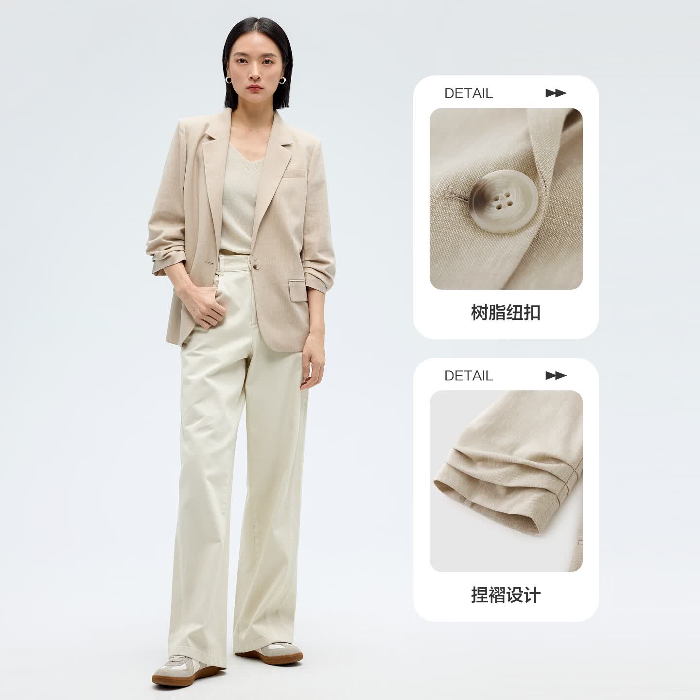 水云间卡其色七分袖小西装外套女休闲西服正肩上衣亚麻通勤风2026 卡其 S