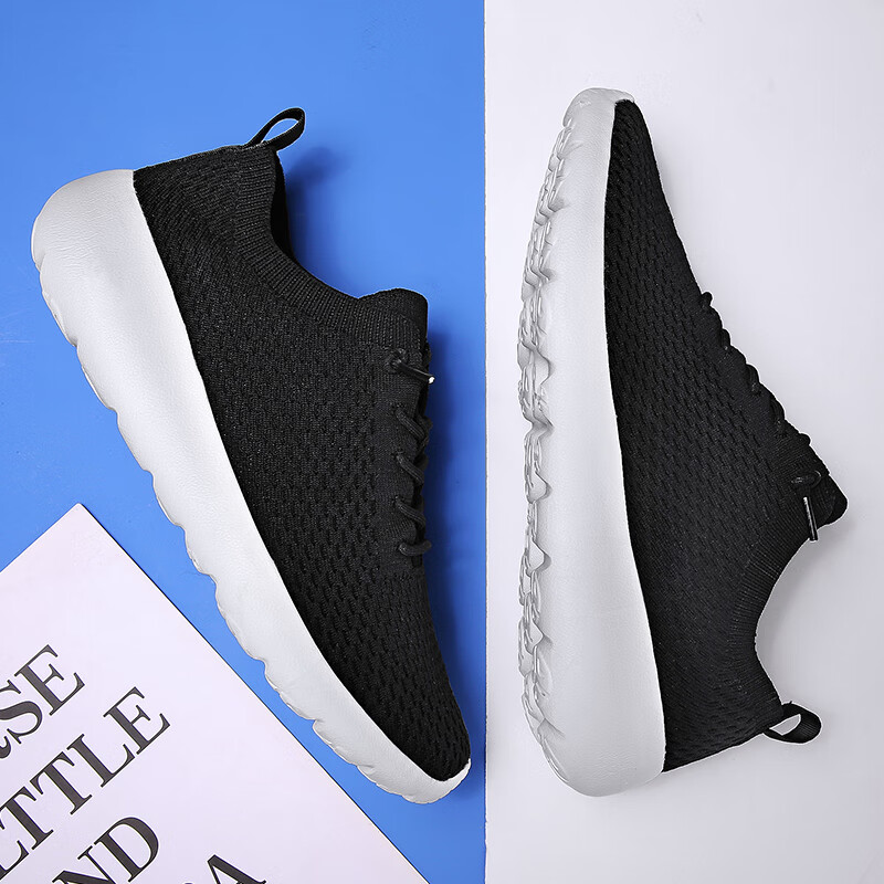 吊带兔一脚蹬男女鞋 多运动走路鞋夏季网面透气飞织鞋休闲百搭情侣鞋轻 黑白 35