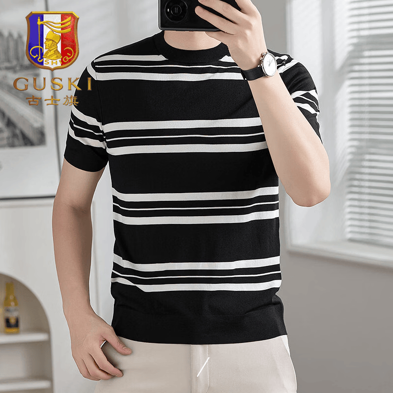 古士旗（GUSKI）品牌男装男士短袖t恤男圆领夏款透百搭薄款针织衫休闲半袖体恤 黑色 【精美礼盒】 S