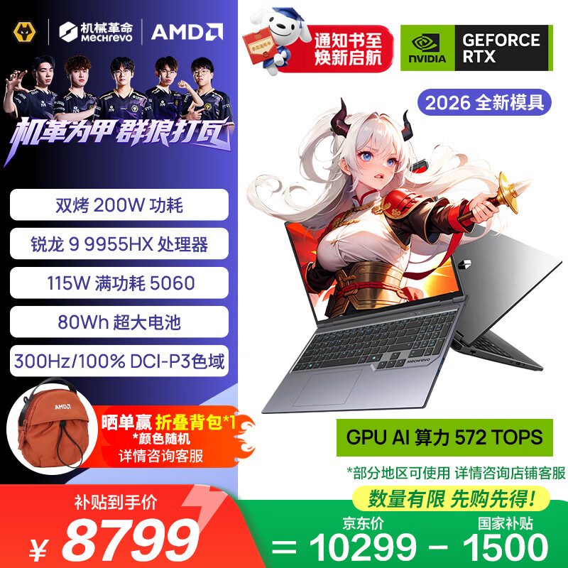 机械革命蛟龙16Pro 2026  国家补贴 16英寸电竞游戏电竞笔记本电脑(R9-9955HX 16G 1T RTX5060 300Hz)灰