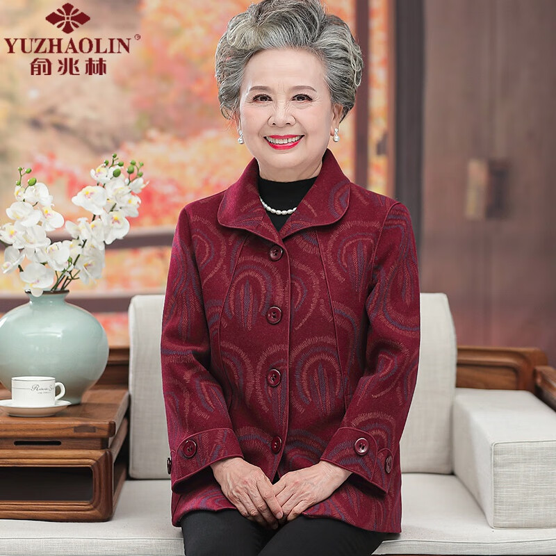 俞兆林中老年人奶奶裝春秋裝女毛呢外套過(guò)壽60歲70洋氣媽媽春秋老人 紅色 L