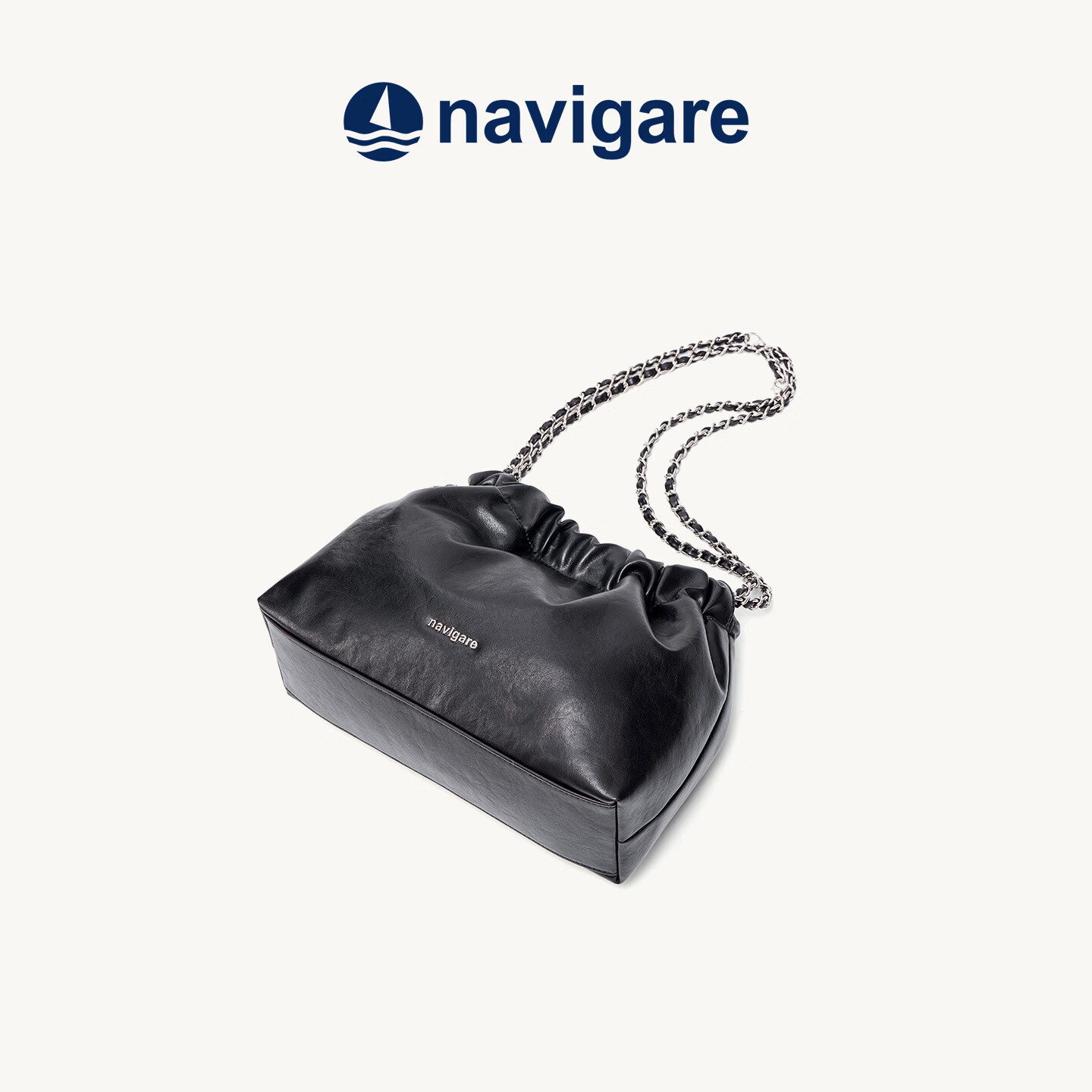 纳维凯尔（Navigare）【爆】意大利小帆船时尚女包大牌复古链条褶皱潮流小众设计水桶包 黑色