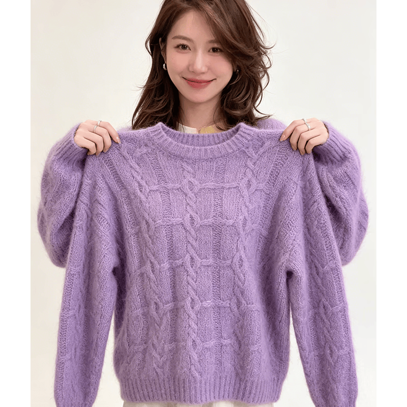 【反季清仓】绞花拉绒羊毛衫可爱女套头宽松慵懒风针织打底衫上衣 黄色 均码 6617