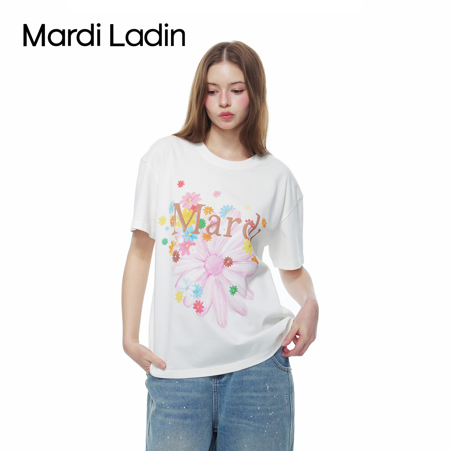 MARDI LADIN印花短袖T恤女2026年夏季新款宽松圆领女装休闲百搭上衣女 米白 XS