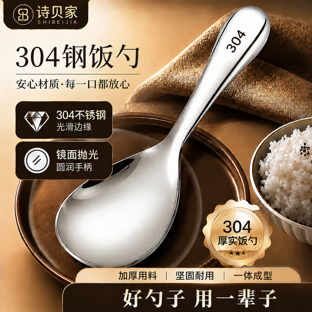 诗贝家304不锈钢饭勺加厚手柄抗菌不粘米饭家用不伤锅电饭锅打饭铲勺子 304不锈钢饭勺1个 京东折扣/优惠券
